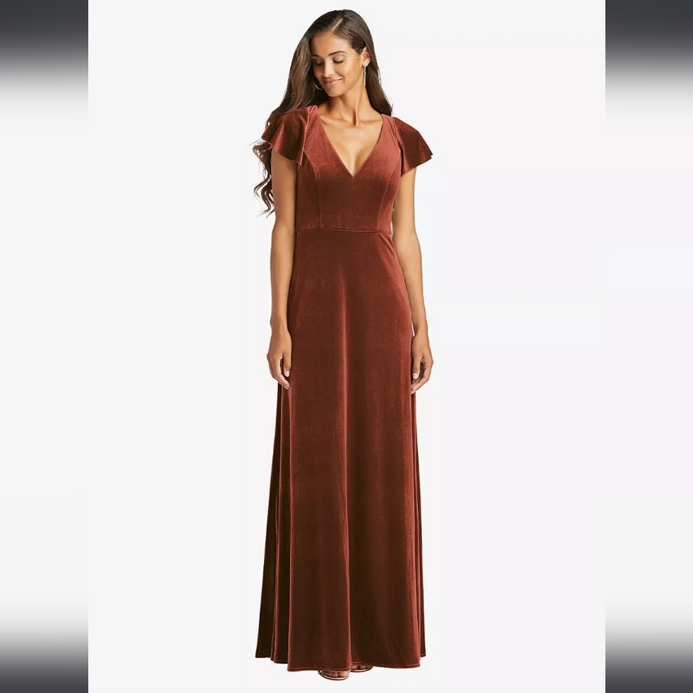 After Six Flutter Sleeve Velvet Maxi Dress With Pockets In Auburn Moon 0 NWT
